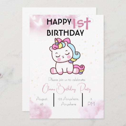 Unicorn Birthday Uitnodiging (Voorkant / Achterkant)