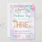 Unicorn Birthday Uitnodiging Derde verjaardag (Voorkant)