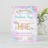 Unicorn Birthday Uitnodiging Derde verjaardag (Staand voorkant)