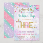 Unicorn Birthday Uitnodiging Derde verjaardag (Voorkant / Achterkant)