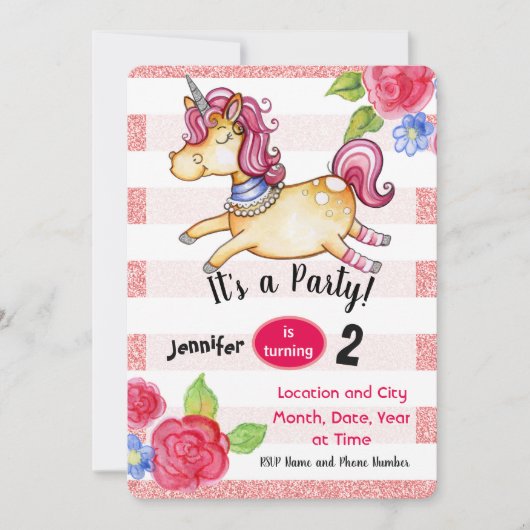 Unicorn Birthday Uitnodiging Editable Card Pink (Voorkant)