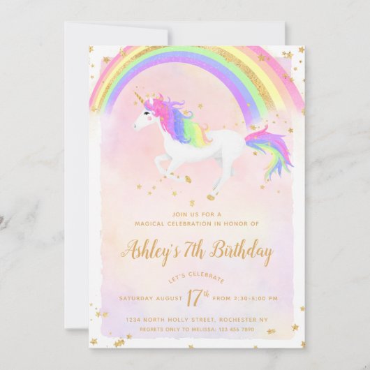 Unicorn Birthday Uitnodiging | Magische goudregenb (Voorkant)