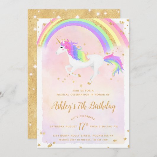 Unicorn Birthday Uitnodiging | Magische goudregenb (Voorkant / Achterkant)