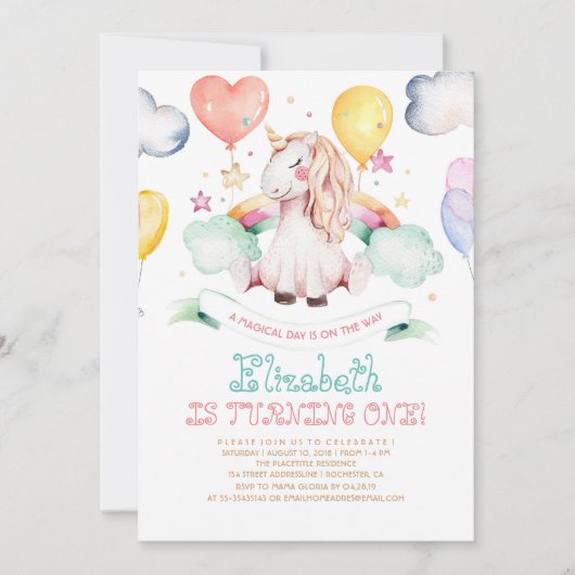 Unicorn Birthday Uitnodiging | Magische regenboog (Voorkant)