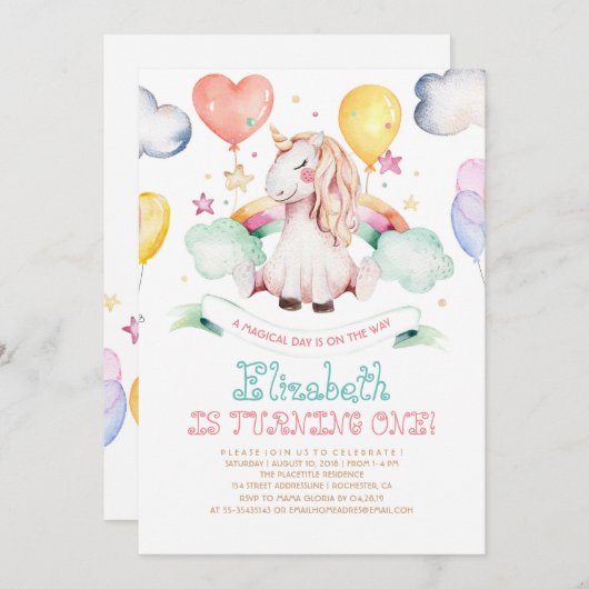 Unicorn Birthday Uitnodiging | Magische regenboog (Voorkant / Achterkant)