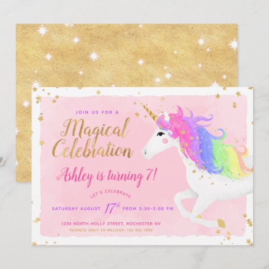 Unicorn Birthday Uitnodiging | Magische roze en go (Voorkant / Achterkant)