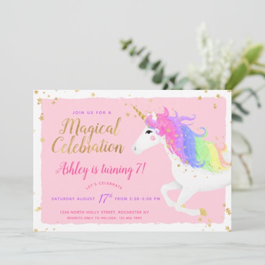 Unicorn Birthday Uitnodiging | Magische roze en go (Staand voorkant)