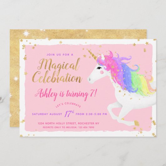Unicorn Birthday Uitnodiging | Magische roze en go (Voorkant / Achterkant)