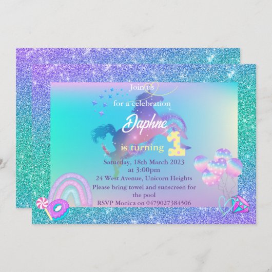 Unicorn Birthday Uitnodiging om 1 uitnodiging te d (Voorkant / Achterkant)