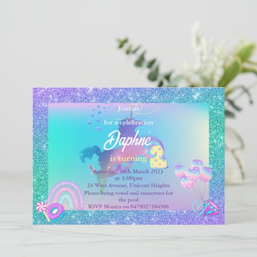 Unicorn Birthday Uitnodiging om 2 uitnodiging te d (Staand voorkant)