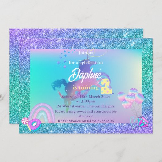Unicorn Birthday Uitnodiging om 2 uitnodiging te d (Voorkant / Achterkant)