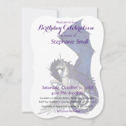 Unicorn Birthday Uitnodiging Paars Blue Dragon (Voorkant)