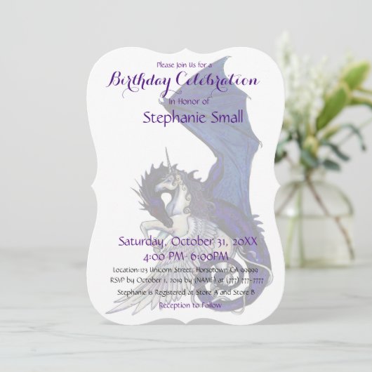 Unicorn Birthday Uitnodiging Paars Blue Dragon (Staand voorkant)