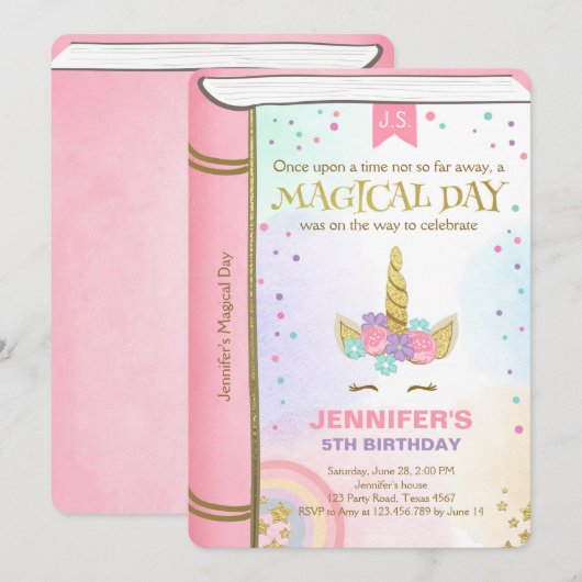 Unicorn Birthday Uitnodiging Roze Gold Magisch Boe (Voorkant / Achterkant)