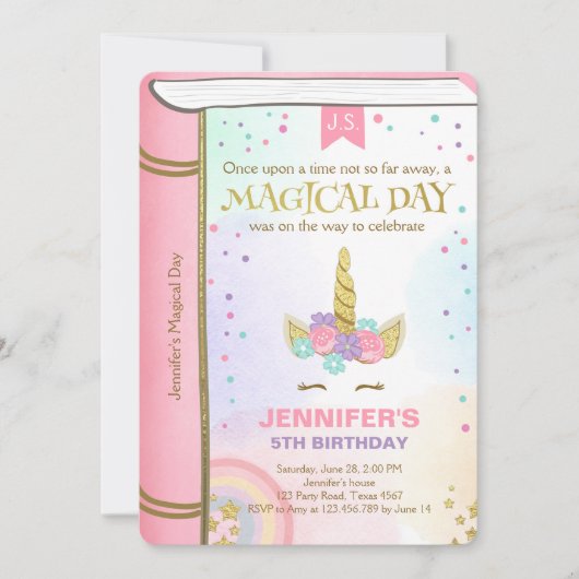 Unicorn Birthday Uitnodiging Roze Gold Magisch Boe (Voorkant)