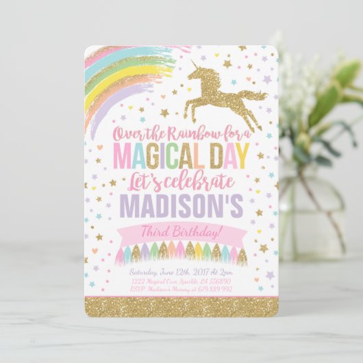 Unicorn Birthday Uitnodiging Roze Gold Unicorn (Staand voorkant)