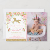 Unicorn Birthday Uitnodiging Roze Gold Unicorn (Voorkant)