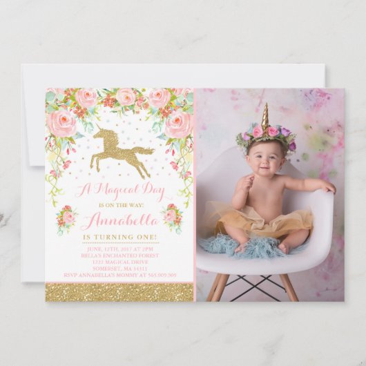 Unicorn Birthday Uitnodiging Roze Gold Unicorn (Voorkant)