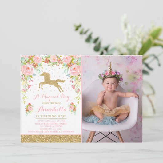 Unicorn Birthday Uitnodiging Roze Gold Unicorn (Staand voorkant)
