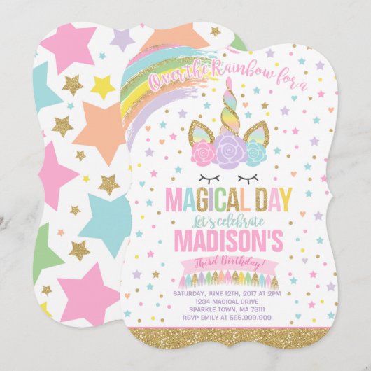 Unicorn Birthday Uitnodiging Roze Gold Unicorn (Voorkant / Achterkant)