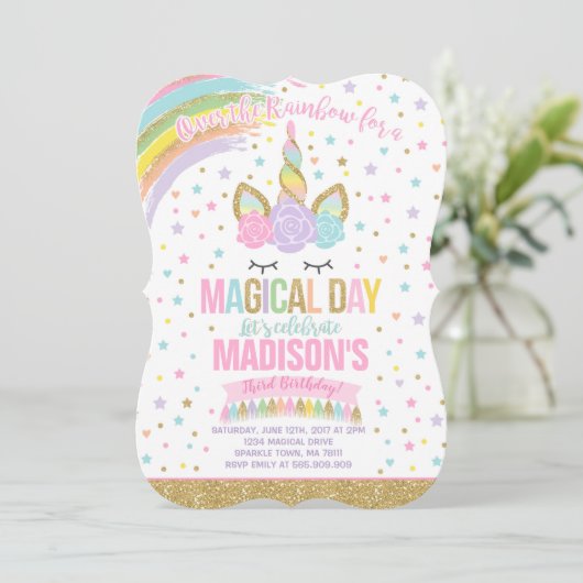 Unicorn Birthday Uitnodiging Roze Gold Unicorn (Staand voorkant)