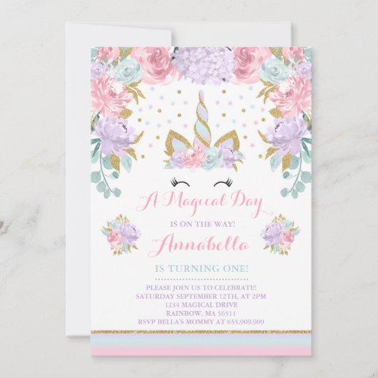 Unicorn Birthday Uitnodiging Roze Gold Unicorn (Voorkant)