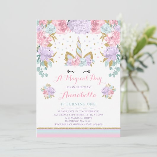 Unicorn Birthday Uitnodiging Roze Gold Unicorn (Staand voorkant)