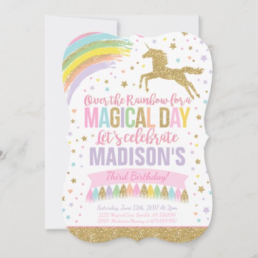 Unicorn Birthday Uitnodiging Roze Gold Unicorn (Voorkant)