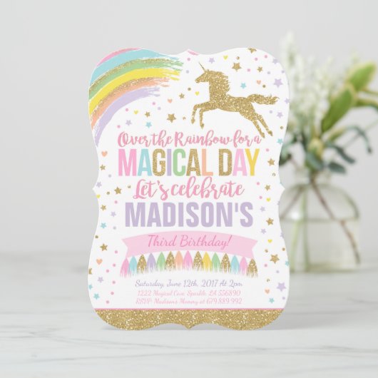 Unicorn Birthday Uitnodiging Roze Gold Unicorn (Staand voorkant)