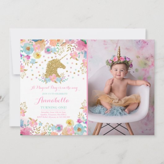Unicorn Birthday Uitnodiging Roze Gold Unicorn (Voorkant)