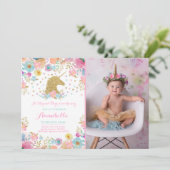 Unicorn Birthday Uitnodiging Roze Gold Unicorn (Staand voorkant)