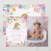 Unicorn Birthday Uitnodiging Roze Gold Unicorn (Voorkant / Achterkant)