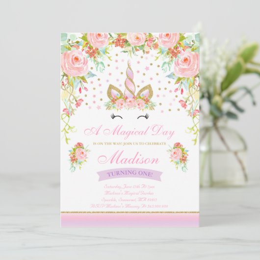 Unicorn Birthday Uitnodiging Roze Gold Unicorn (Staand voorkant)