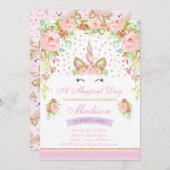 Unicorn Birthday Uitnodiging Roze Gold Unicorn (Voorkant / Achterkant)