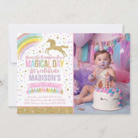 Unicorn Birthday Uitnodiging Roze Gold Unicorn (Voorkant)