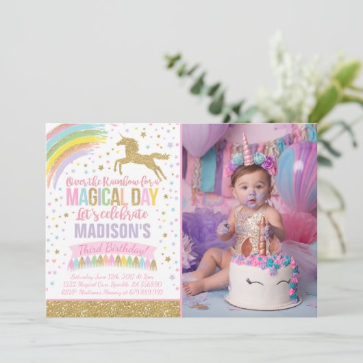 Unicorn Birthday Uitnodiging Roze Gold Unicorn (Staand voorkant)