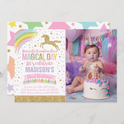Unicorn Birthday Uitnodiging Roze Gold Unicorn (Voorkant / Achterkant)