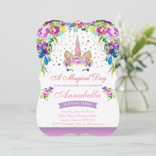 Unicorn Birthday Uitnodiging Roze Gold Unicorn (Staand voorkant)