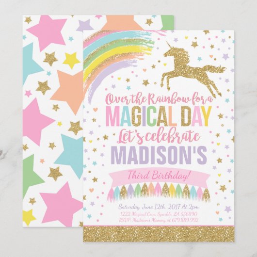 Unicorn Birthday Uitnodiging Roze Gold Unicorn (Voorkant / Achterkant)