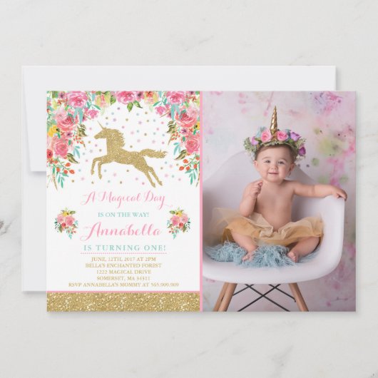 Unicorn Birthday Uitnodiging Roze Gold Unicorn (Voorkant)