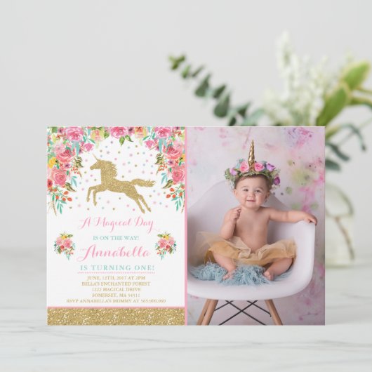 Unicorn Birthday Uitnodiging Roze Gold Unicorn (Staand voorkant)