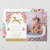 Unicorn Birthday Uitnodiging Roze Gold Unicorn (Voorkant / Achterkant)