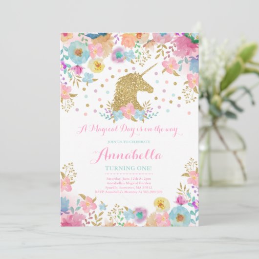 Unicorn Birthday Uitnodiging Roze Gold Unicorn (Staand voorkant)
