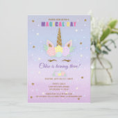 Unicorn Birthday Uitnodiging Roze Paars Gold (Staand voorkant)