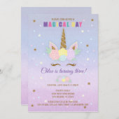 Unicorn Birthday Uitnodiging Roze Paars Gold (Voorkant / Achterkant)