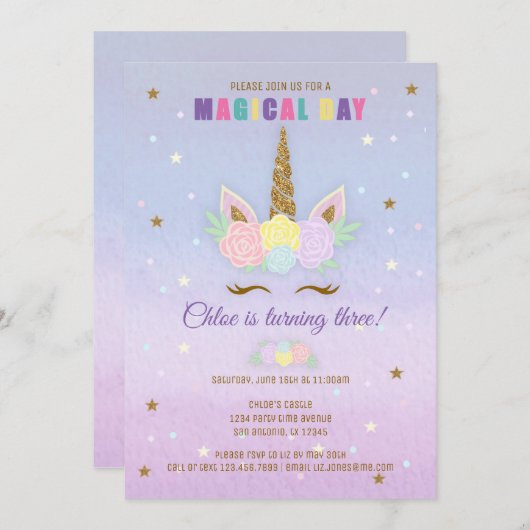 Unicorn Birthday Uitnodiging Roze Paars Gold (Voorkant / Achterkant)