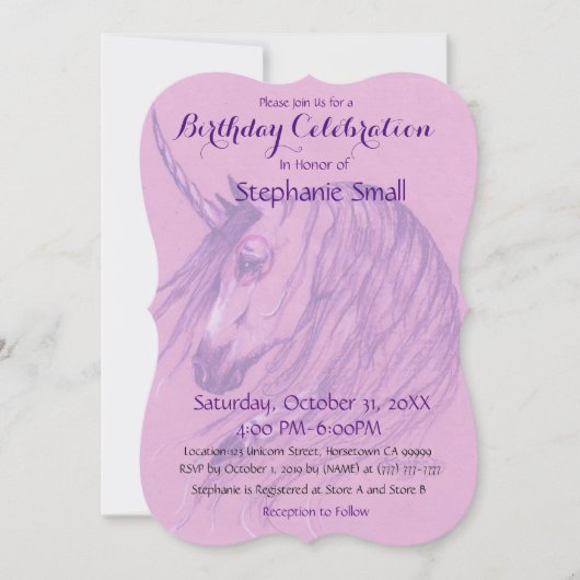 Unicorn Birthday Uitnodiging Roze Paarse (Voorkant)