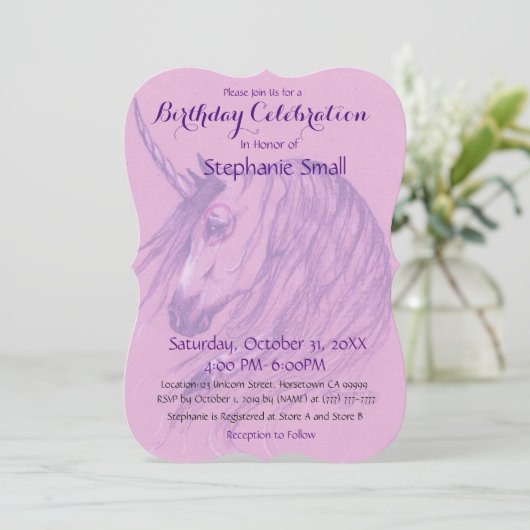 Unicorn Birthday Uitnodiging Roze Paarse (Staand voorkant)