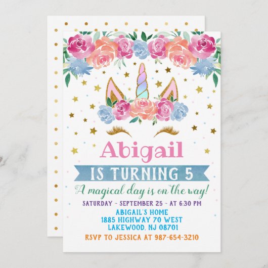 Unicorn Birthday Uitnodiging Unicorn party (Voorkant / Achterkant)