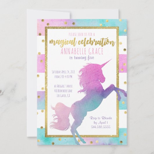 Unicorn Birthday Uitnodiging | Waterverf Glitter (Voorkant)